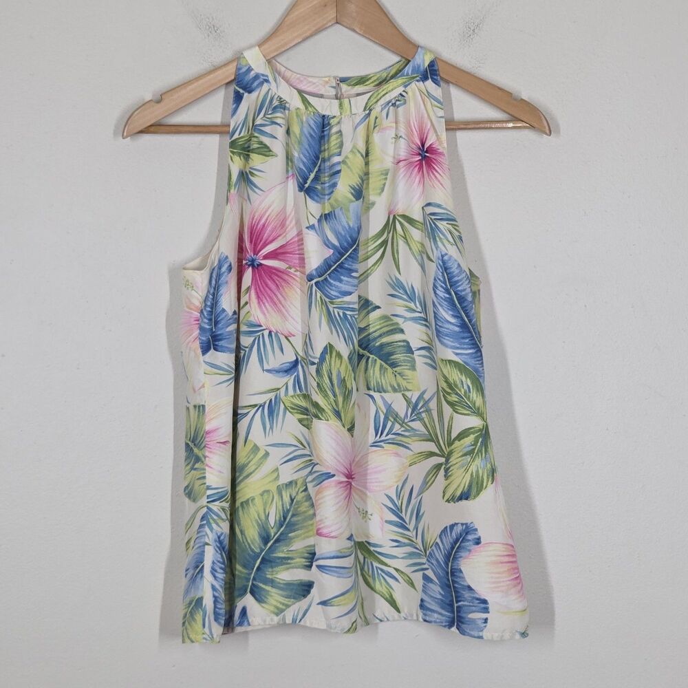 Liz Claiborne 100% Silk Tropical Floral Palm Leaf Tank 6 Hawaiian Vacation Beach
